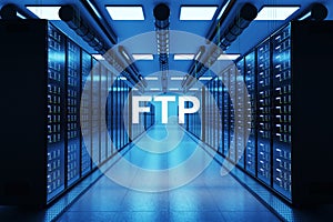 Ftp logo in large modern data center with multiple rows of network internet server racks, 3D Illustration