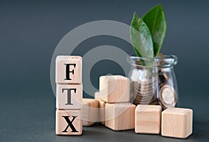 FTX - acronym on wooden cubes on the background of a glass jar with coins and green leaves
