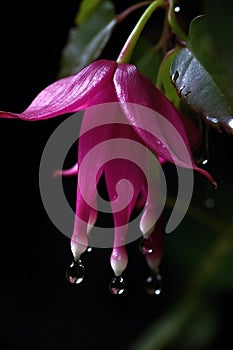 The Fuchsia blooms like a waterfall, hanging from the eaves, clear, raindrops beautiful flowers