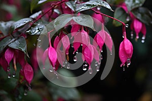 The Fuchsia blooms like a waterfall, hanging from the eaves, clear, raindrops beautiful flowers