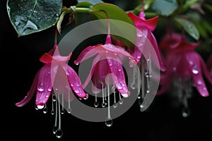 The Fuchsia blooms like a waterfall, hanging from the eaves, clear, raindrops beautiful flowers