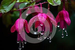 The Fuchsia blooms like a waterfall, hanging from the eaves, clear, raindrops beautiful flowers