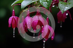 The Fuchsia blooms like a waterfall, hanging from the eaves, clear, raindrops beautiful flowers