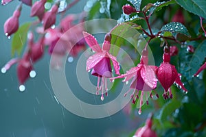 Fuchsia flowers with raindrops in the garden on a rainy day