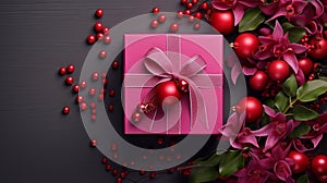 Fuchsia Gift Box With Red Berries And Branches - Hyperrealistic Tabletop Photography photo