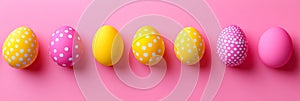 Fuchsia And Lime Green Polka Dot Decorated Easter Eggs In A Row On A Fuchsia Background