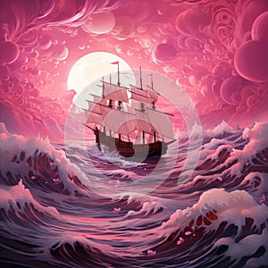 Fuchsia Rococo Seascape Abstract: Surrealistic Fantasy Ship In Vibrant Ocean