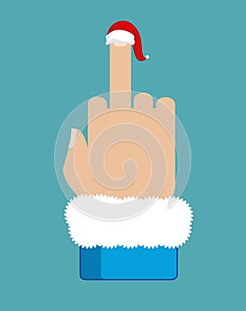 Santa Claus. Middle finger in red Christmas hat. Aggressive