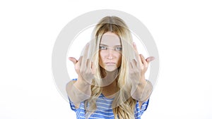 You ,Angry Woman shows you Sign ,, White Background