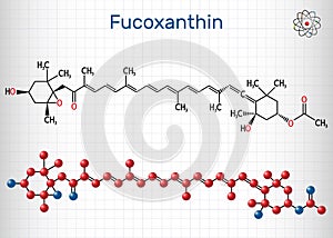 Fucoxanthin, C42H58O6, xanthophyll molecule. It has anticancer, anti-diabetic, anti-oxidative, neuroprotective properties. photo