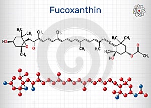 Fucoxanthin, C42H58O6, xanthophyll molecule. It has anticancer, anti-diabetic, anti-oxidative, neuroprotective properties.