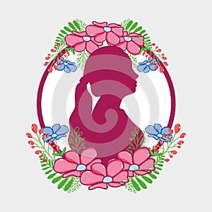 Fucsia woman silhouette with flowers and leaves design photo