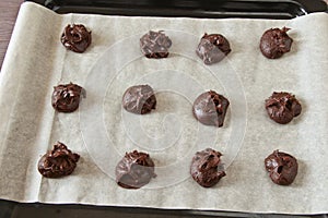 Fudge brownie cookies raw on parchment