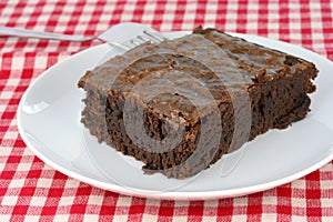 Fudge brownie on white plate