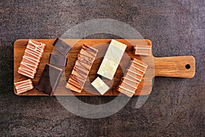 Fudge selection top down view on a wood serving board