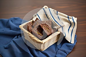fudgy brownies in a basket lined with cloth