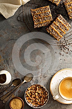 Fudgy brownies with nuts and caramel photo