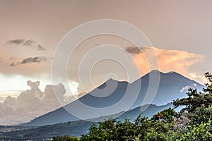 Fuego & Acatenango volcanoes at sunset, Antigua, Guatemala