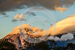 Fuego volcano & Acatenango volcano at dawn, Antigua, Guatemala