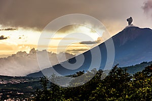 Fuego volcano at sunset