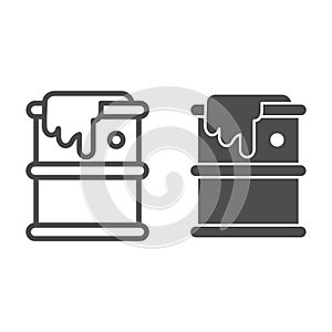 Fuel barrel line and solid icon. Leaking chemical metal can, dropped drum container. Oil industry vector design concept