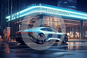 Fuel cell car at the hydrogen filling station. Concept