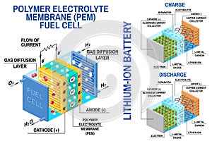 Fuel cell and Li-ion battery diagram. Vector. Device that converts chemical potential energy into electrical energy.