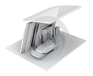 Fuel Cell powered autonomous car filling gas in Fuel Cell Hydrogen Station. Clay and transparent texture shading effect