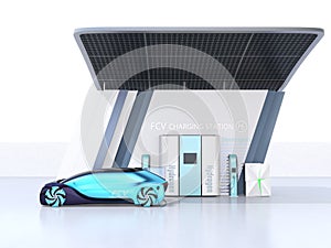 Fuel Cell powered autonomous car filling gas in Fuel Cell Hydrogen Station equipped with solar panels