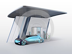 Fuel Cell powered autonomous car filling gas in Fuel Cell Hydrogen Station equipped with solar panels