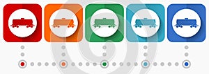 Fuel cistern wagon, train vector icons, infographic template, set of flat design symbols in 5 color options