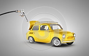 Fuel cost concept retro car is refueled on grey gradient background without shadow 3d illustration