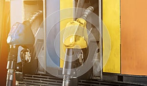 Fuel dispenser or fuel injector blue and yellow gas pump petrol station, Gas station business