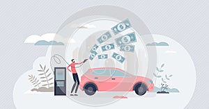Fuel economy and expensive gasoline cost with money flow tiny person concept
