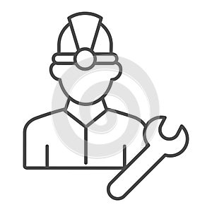 Fuel engineer thin line icon. Oil miner man, construction worker in helmet with wrench. Oil industry vector design
