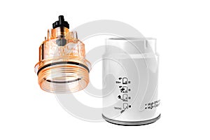 Fuel filter of a truck, white, auto parts, car part, auto fuel system part, on a white background