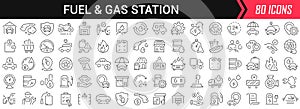 Fuel and gas station linear icons in black. Big UI icons collection in a flat design. Thin outline signs pack. Big set of icons