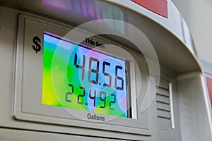 Fuel on gasoline pump counter dollars in with digital display