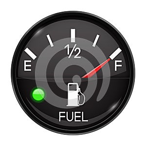 Fuel gauge. Full tank. Round black car dashboard 3d device
