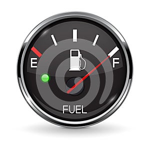 Fuel gauge. Full tank. Round black car dashboard 3d device with chrome frame