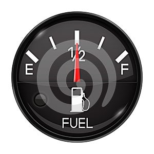 Fuel gauge. Half full tank. Round black car dashboard 3d device