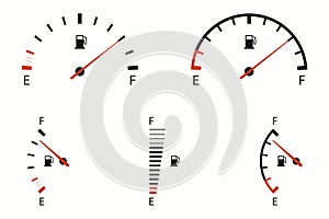 Fuel gauge indicator icons set. Car dial meter of gas, petrol, gasoline or diesel. Vector