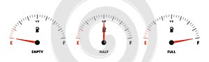 Fuel gauge levels. Full, half and empty gas tank level indicator. Gasoline meter, vehicle petrol gauges vector