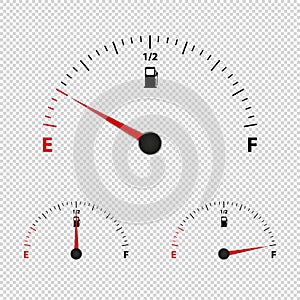 Fuel Gauge Meter Empty, Half And Full - Vector Illustration - Isolated On Transparent Background