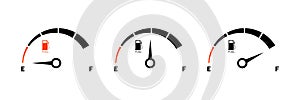 Fuel gauge scale and fuel meter. Fuel indicator. Gas tank gauge. Speedometer, tachometer, indicator icons. Performance measurement