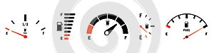 Fuel gauge scale and fuel meter. Fuel indicator. Gas tank gauge. Speedometer, tachometer, indicator icons. Performance measurement