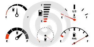 Fuel gauge scale and fuel meter. Fuel indicator. Gas tank gauge. Speedometer, tachometer, indicator icons. Performance measurement