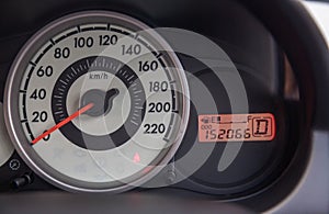 Fuel gauge with warning indicating low fuel tank, gas gauge indicating icon for gas station.  empty Petrol, gasoline gauge dash bo