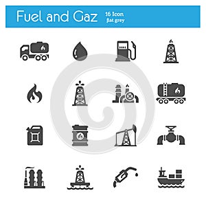 Fuel and gaz flat gray icons set of 16