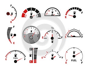 Fuel indicator with arrow set realistic vector automobile dashboard petrol engine control